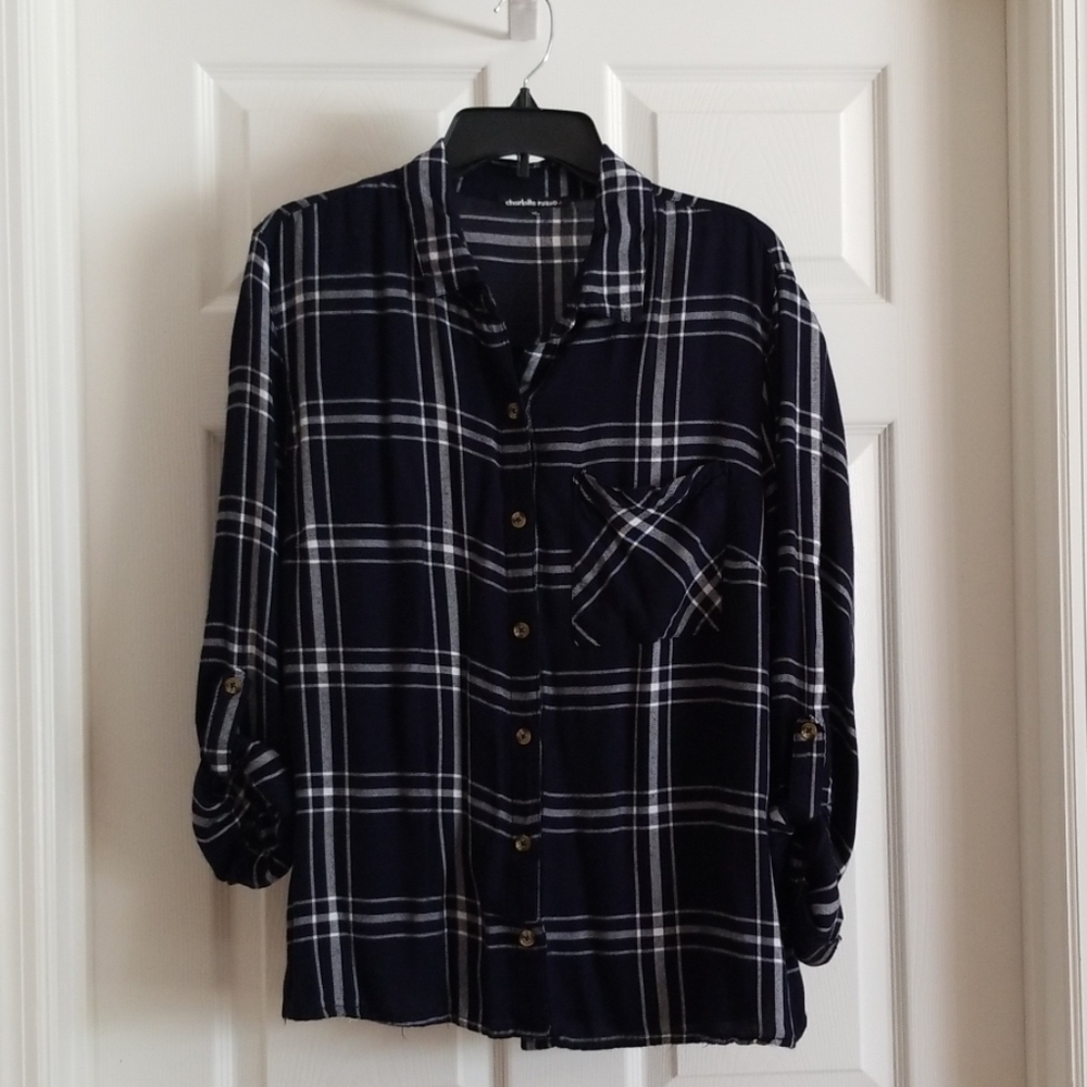 Navy blue plaid top